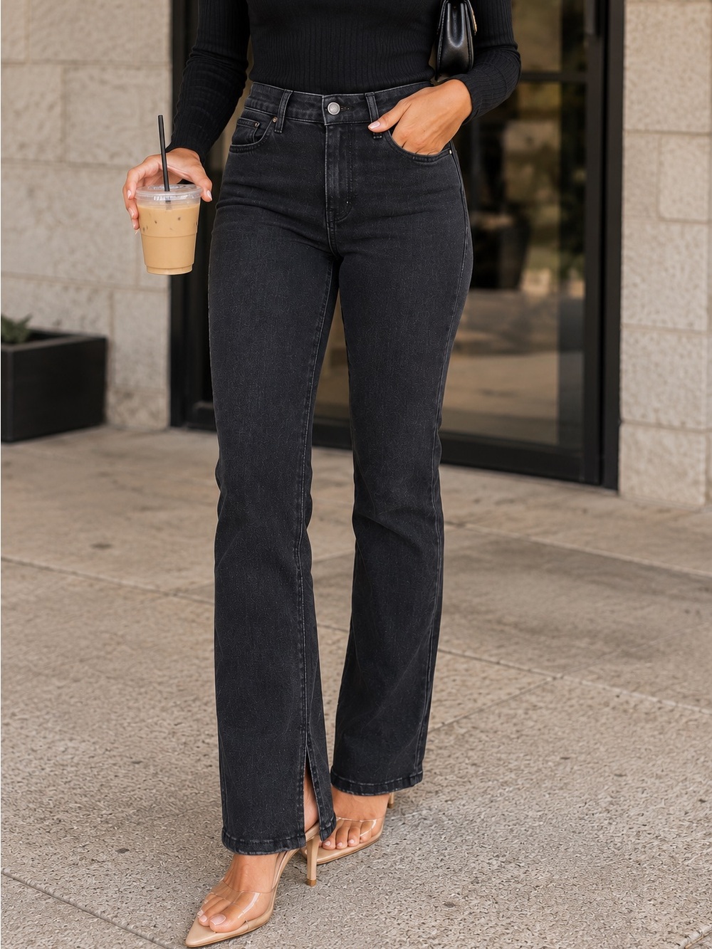 Super Stretch Straight Leg Jeans mid rise boot cut with slit